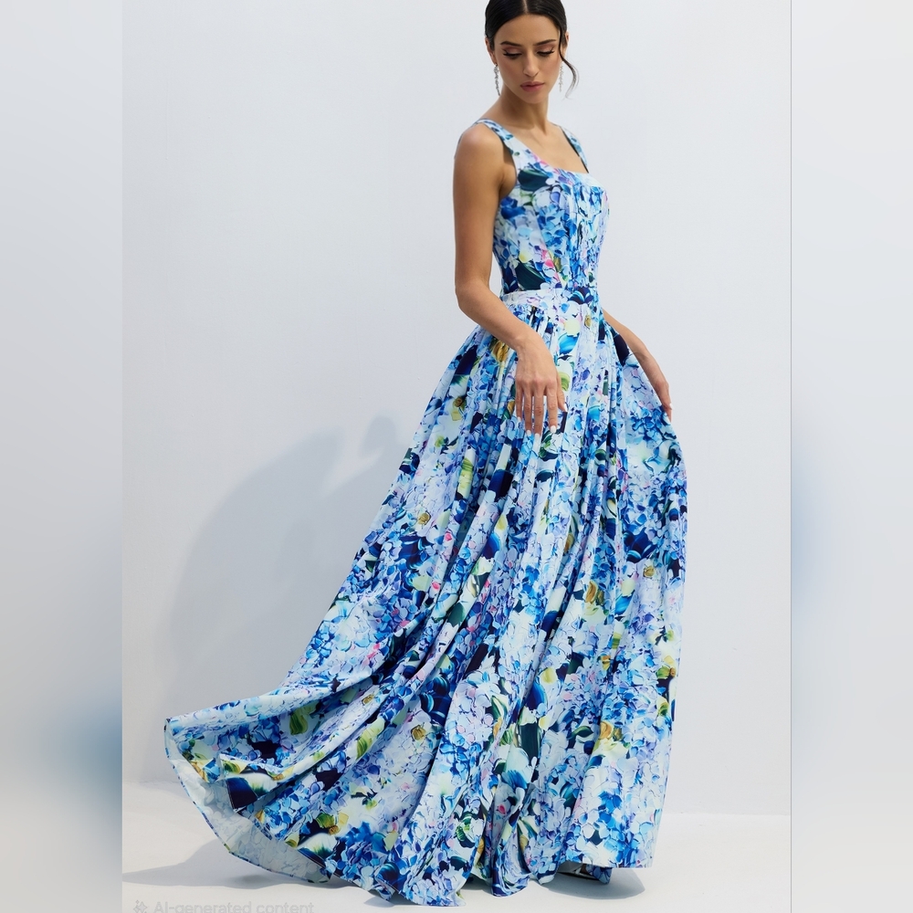 Elegant Floral Blue Maxi Dress